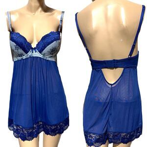 ADORE ME Size 30DDD Blue Underwired Lace Hem Babydoll Chemise Dress Sheer NWT